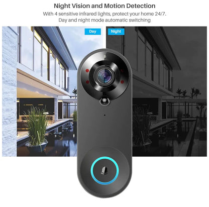 1080P Wireless Video Doorbell — WiFi Smart Doorbell with Tuya, Night Vision, Motion Detection & Two-Way Intercom for Home