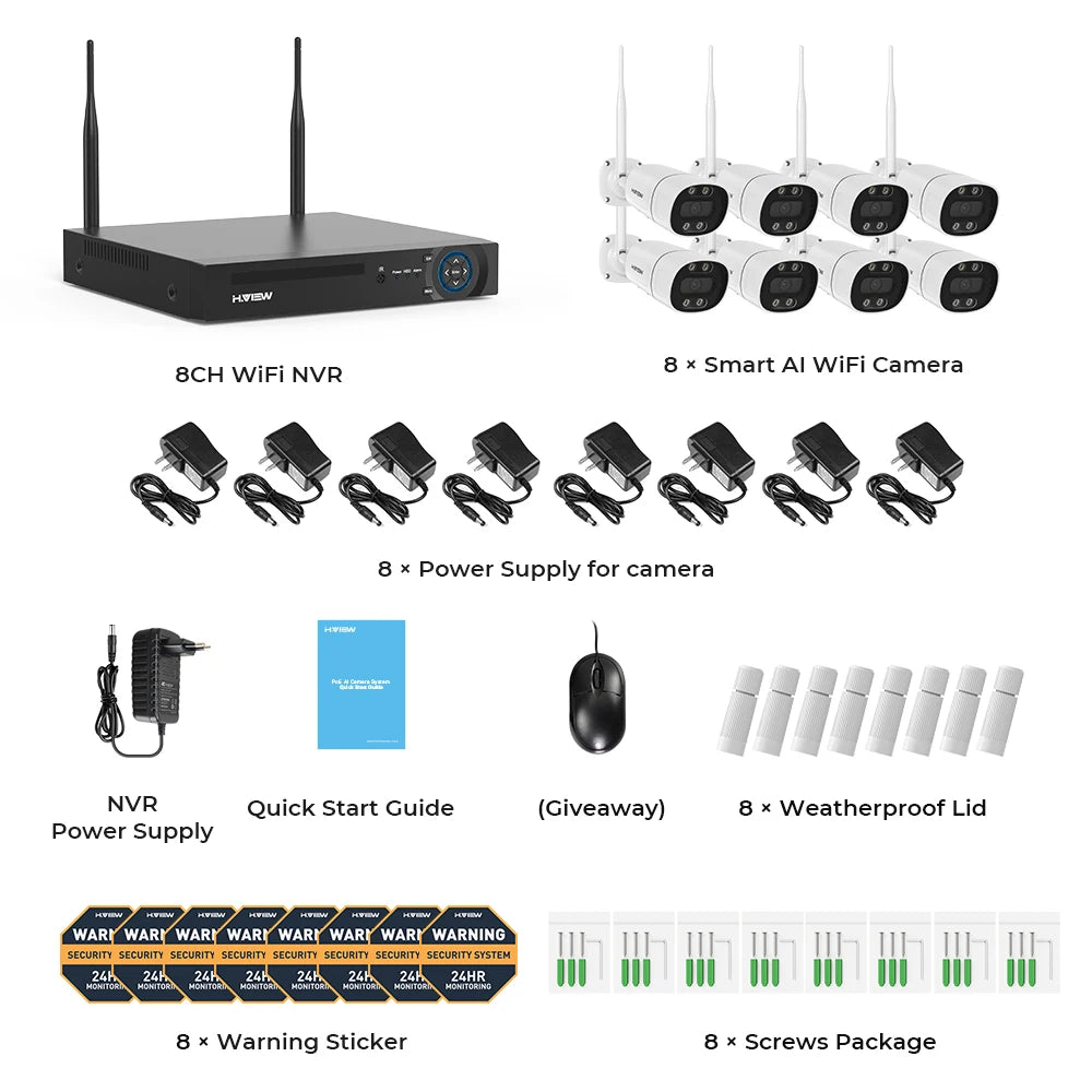 H.View 8CH 5MP Wireless WiFi Security Camera System — CCTV NVR Kit with Indoor/Outdoor Cameras & Two-Way Audio XMEye