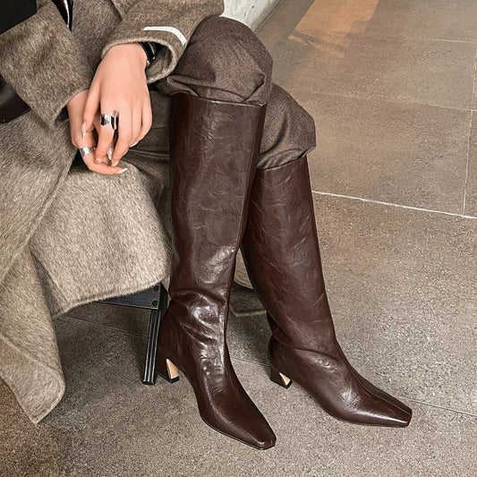 Women’s Genuine Leather Knee-High Boots – 5.5cm Thin Heel, Square Toe Slip-On Autumn Long Boots