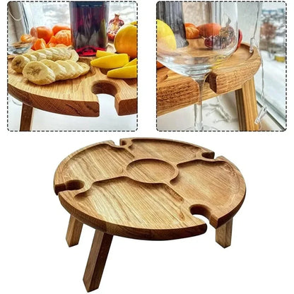 Wooden Folding Picnic Table – Round Foldable Desk with Wine Glass Rack, Portable Snack Table for Outdoor Camp