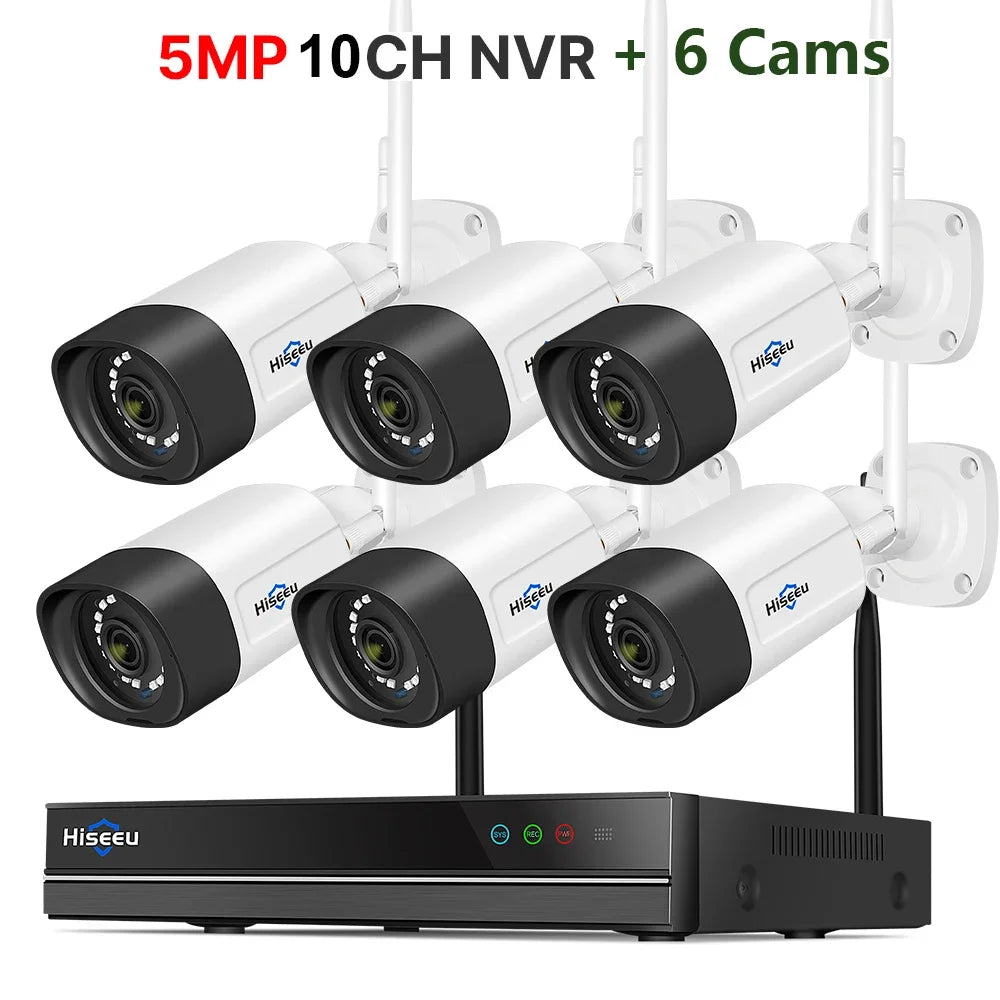 Hiseeu 10CH 5MP WiFi Security Camera System — H.265 NVR with Color Night Vision, Human Motion Detection & 2-Way Audio Outdoor Cameras