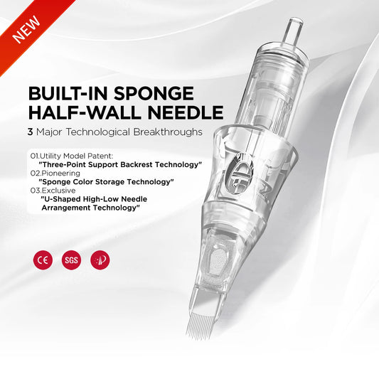 10PCS U14/0.18-ST Universal Tattoo Cartridge Needles with Built-in Sponge – Half-Wall Needles for Eyebrow & Lip Tattoo Machines