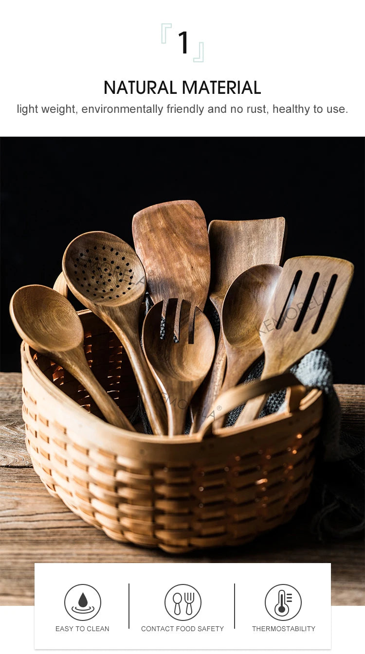 9PCS Teak Wooden Cooking Spoons Set – Kitchen Utensils with Holder