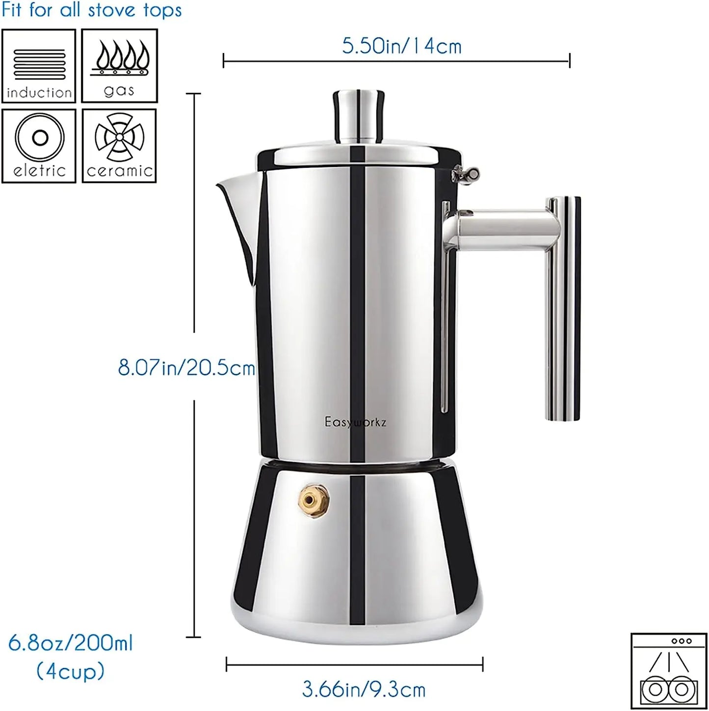 Easyworkz Diego 4-Cup Stovetop Espresso Maker — Stainless Steel Italian Moka Pot, 6.8 oz Induction Coffee Machine