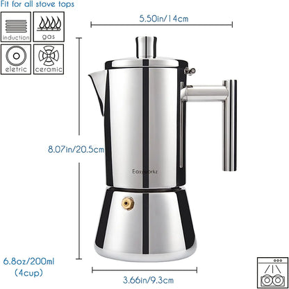 Easyworkz Diego 4-Cup Stovetop Espresso Maker — Stainless Steel Italian Moka Pot, 6.8 oz Induction Coffee Machine