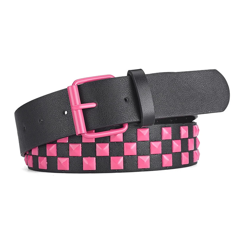 Personalized Checkerboard PU Leather Belt – 107CM Unisex Rivet Punk Hip-Hop Fashion Accessory
