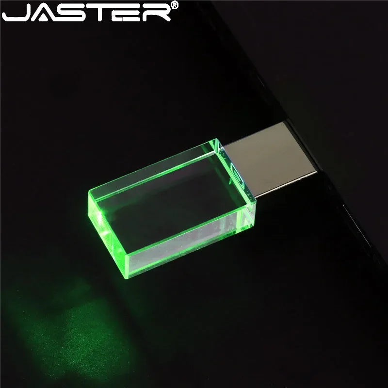 JASTER Rectangular Crystal USB Flash Drive - 16GB/32GB/64GB USB 2.0, Blue Green Red LED, Creative Colors, Free Logo on Bulk Orders (10+ PCS)