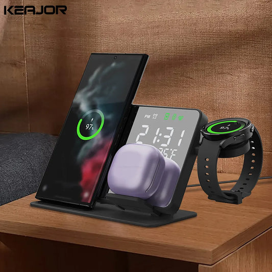 3-in-1 Wireless Charger: Fast Charging Station for Samsung Galaxy Watch 6/5 Pro, Galaxy S24/S23/S22 - Includes Alarm Clock Chargers Stand