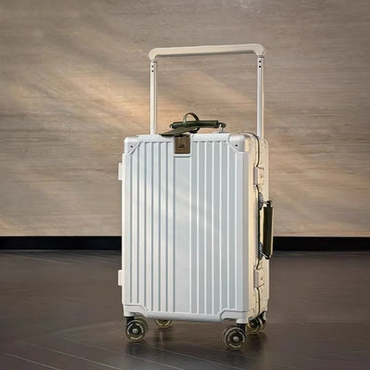 Aluminum Frame Rolling Luggage — Wide Handlebar Trolley Suitcase with Colorful Silent Spinner Wheels, TSA Lock & Large Capacity