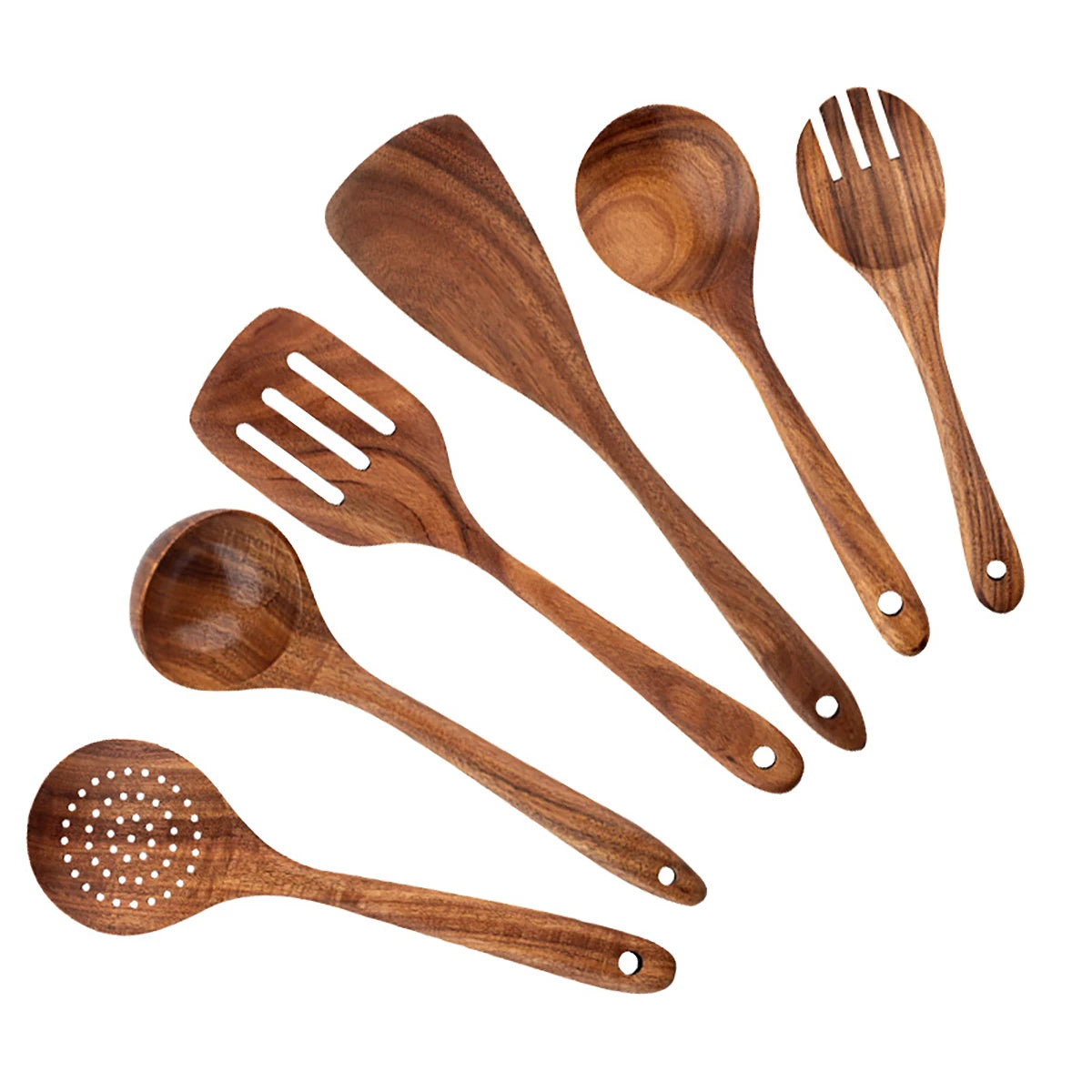Wood Kitchenware Cooking Set – Household Spatula, Spoon, Fork & Salad Utensils with Storage Bucket
