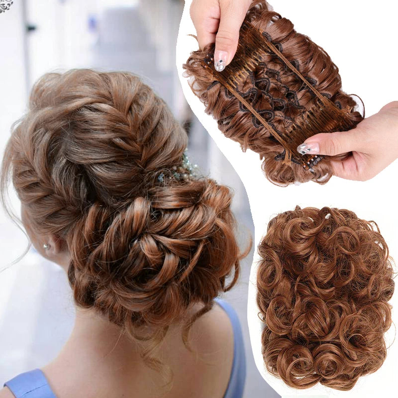 Short Messy Curly Hair Bun Extension – Easy Stretch Combs & Clip-in Ponytail Scrunchie Chignon for Hair Styling