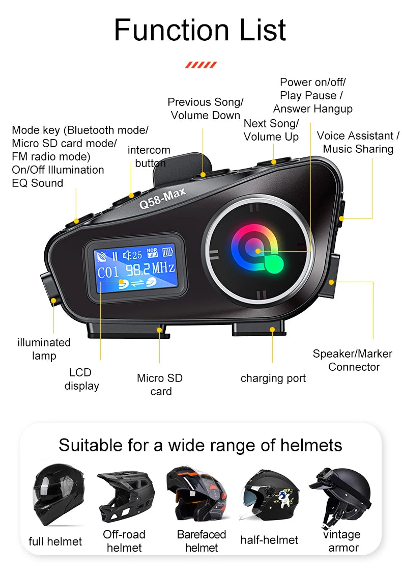 Q58 Max Motorcycle Helmet Bluetooth Intercom – IP65 Waterproof, 500M Range, Multi-Scene Music Sharing