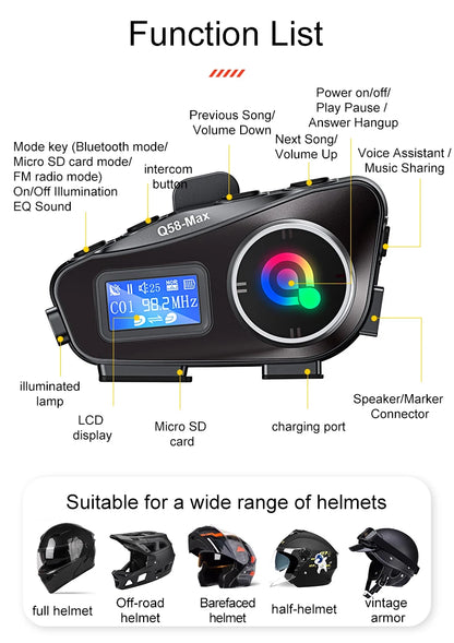 Q58 Max Motorcycle Helmet Bluetooth Intercom – IP65 Waterproof, 500M Range, Multi-Scene Music Sharing