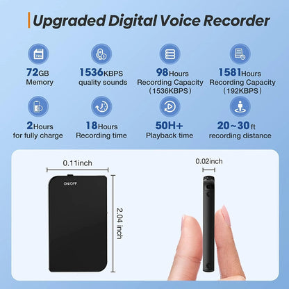 72GB Mini Digital Discreet Voice Recorder — Compact Hidden Audio Recorder for Kids & Kindergarten Use
