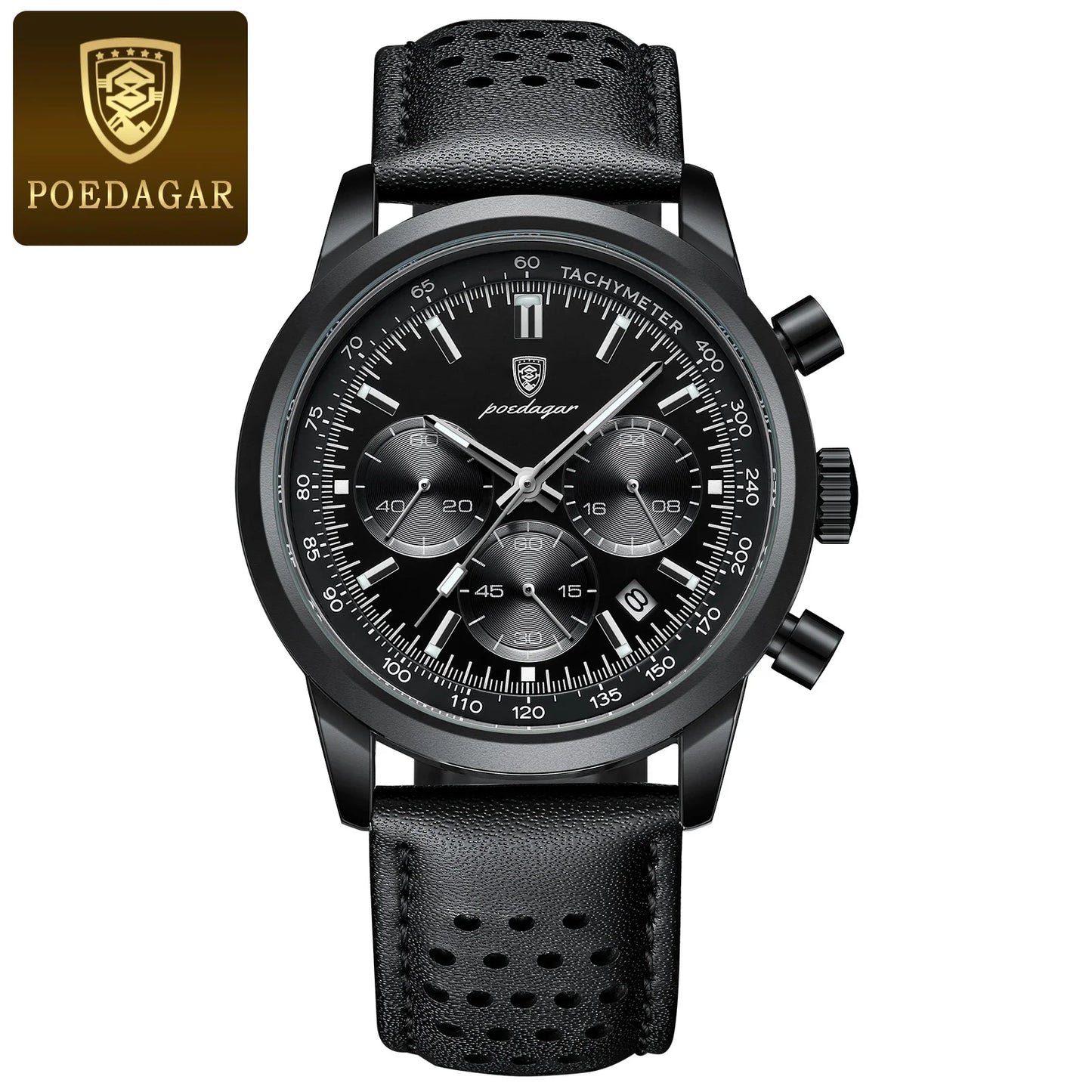 POEDAGAR Men's Luxury Sports Watch – Genuine Leather, Chronograph, Waterproof, Luminous Quartz Wristwatch