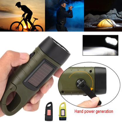 LED Flashlight Hand Crank Solar Powered Rechargeable - Survival Gear Self Powered Charging Torch Dynamo for Fishing, Boating, Hiking