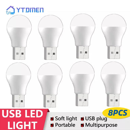 8pcs USB Plug LED Book Lamps: Small Reading Lights for Computer, Mobile Power - Round Night Light with Eye Protection