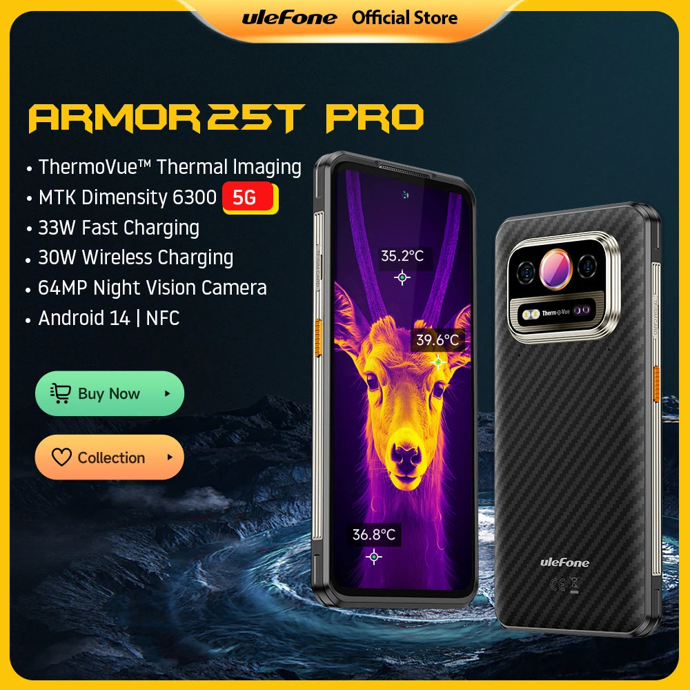 Ulefone Armor 25T Pro 5G Rugged Phone - Thermal Imaging, Android 14, 33W Fast Charging, 50MP+64MP, NFC, Waterproof Smartphone