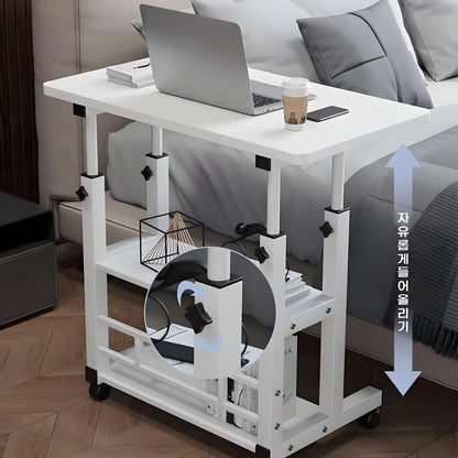 Double-Layer Movable Desk – Bedside Laptop Table with Storage Shelf, White Lift Office & Bedroom Desk