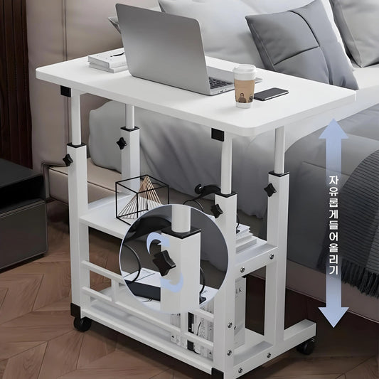 Double-Layer Movable Desk – Bedside Laptop Table with Storage Shelf, White Lift Office & Bedroom Desk