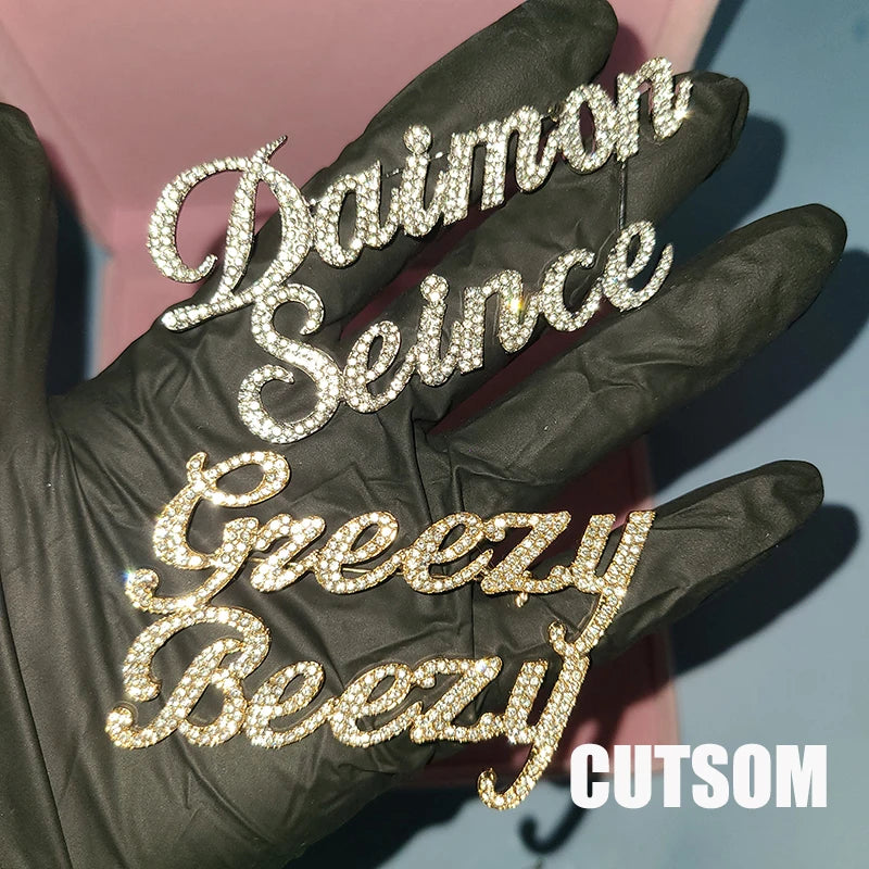 Rhinestone Customized Name Brooch – Handmade Custom Name Plate Pins for Birthday, Wedding & Party Badges