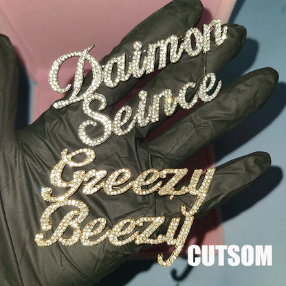 Rhinestone Customized Name Brooch – Handmade Custom Name Plate Pins for Birthday, Wedding & Party Badges