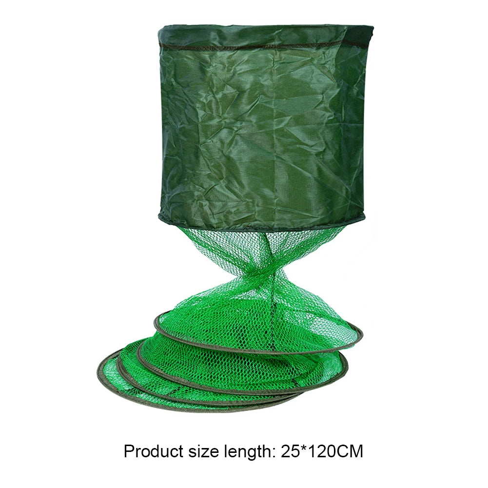 Portable Folding Nylon Mesh Fish Cage – Steel Ring Trap Net Basket for Fishing Storage & Accessories