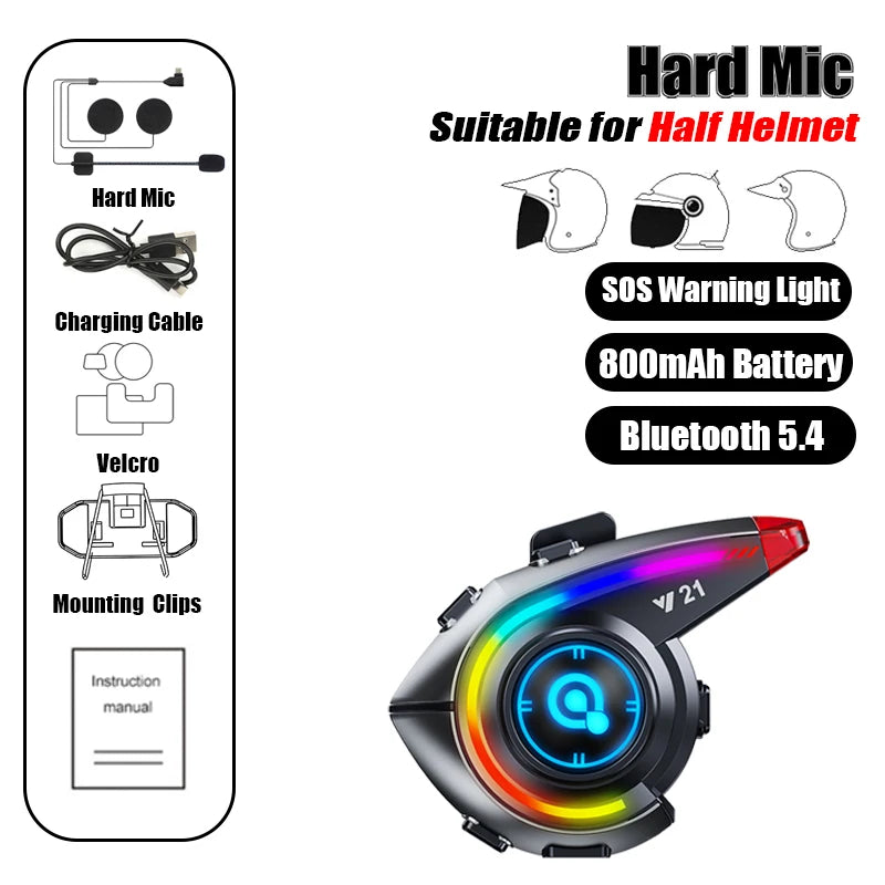 KEBIDUMEI Y21 Motorcycle Helmet Bluetooth Headset — Earphone Music Player with FM Radio & SOS Warning Light