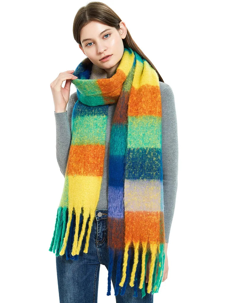 2025 Women's Winter Thick Cashmere Scarf – Warm Pashmina Shawl with Rainbow Tassels & Wraps