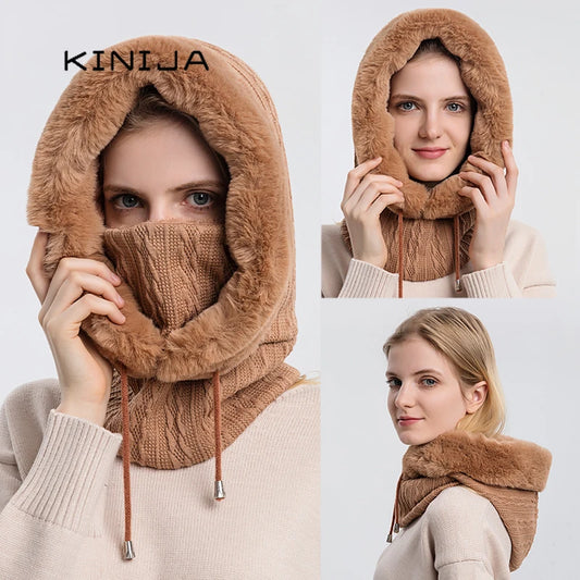 Winter Fur Cap Mask Set – Hooded Knitted Cashmere Neck Warmer, Plush Windproof Balaclava Ski Beanie for Women