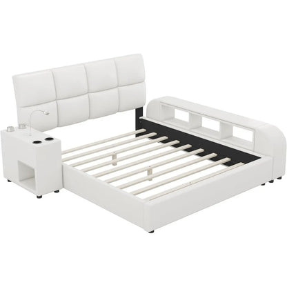 Queen Size Smart Upholstered Bed Frame – White Faux Leather Platform with Storage Shelves, Headboard & Multimedia Nightstand