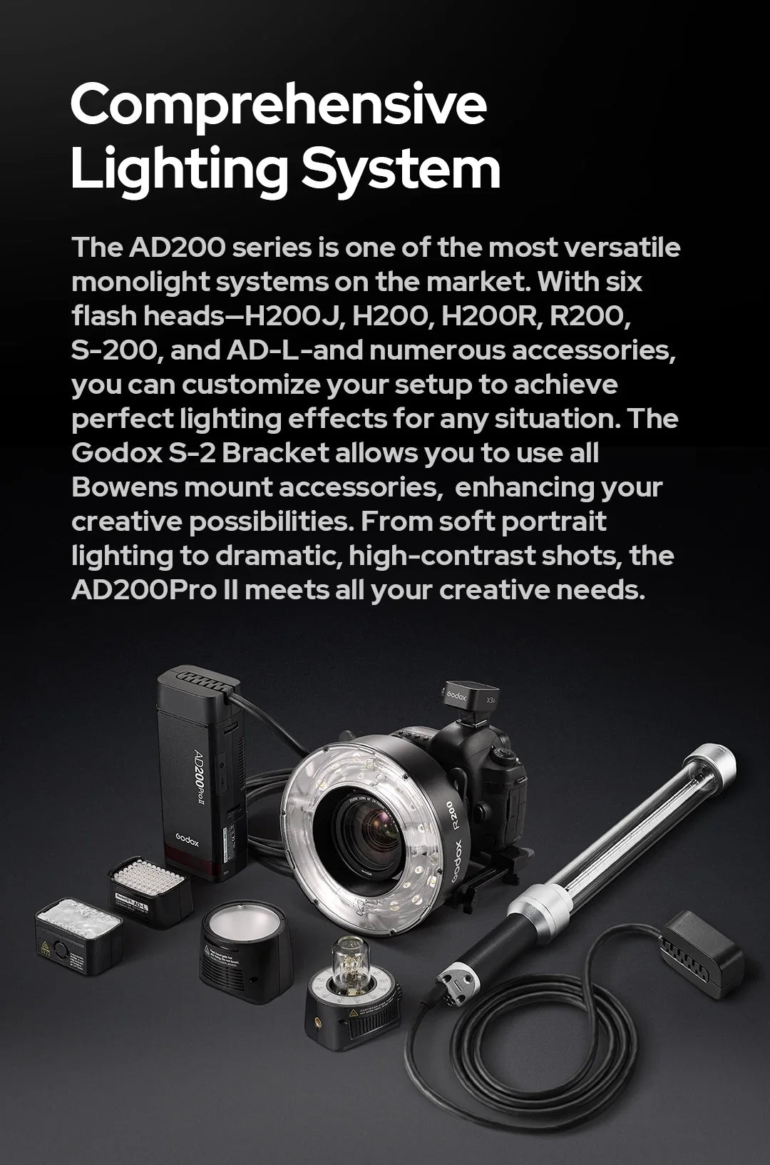Godox AD200 Pro II Flash – 200Ws, 1/8000 HSS, 2980mAh Battery, 2.4G Wireless X System, Bi-Color Modeling Lamp Speedlight Flash