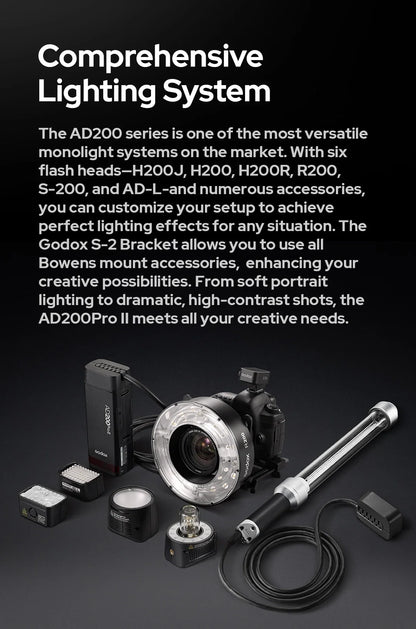 Godox AD200 Pro II Flash – 200Ws, 1/8000 HSS, 2980mAh Battery, 2.4G Wireless X System, Bi-Color Modeling Lamp Speedlight Flash