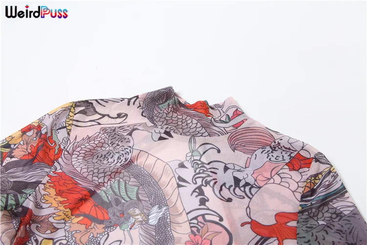 Weird Puss See-Through Jumpsuit for Women - Backless Dragon Print Short Sleeve Fitness & Workout Slim Stretch Clubwear