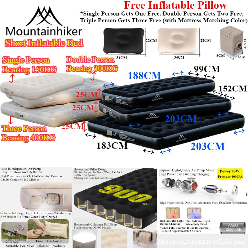 MOUNTAINHIKER 2025 Inflatable Air Mattress - PVC Glamping Camping / interior Bed Mat with Built-In Pump for 1-3 Person