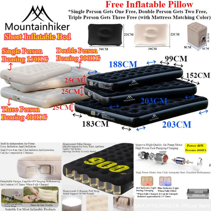 MOUNTAINHIKER 2025 Inflatable Air Mattress - PVC Glamping Camping / interior Bed Mat with Built-In Pump for 1-3 Person