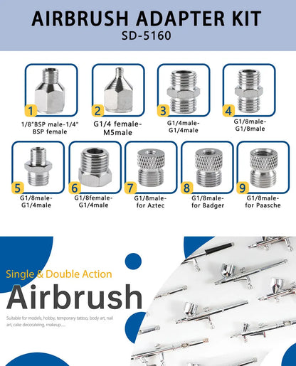 SAUGD 9PCS Airbrush Adapter Fitting Replacement Kit – Coupling Connectors for Compressor & Airbrush Hose