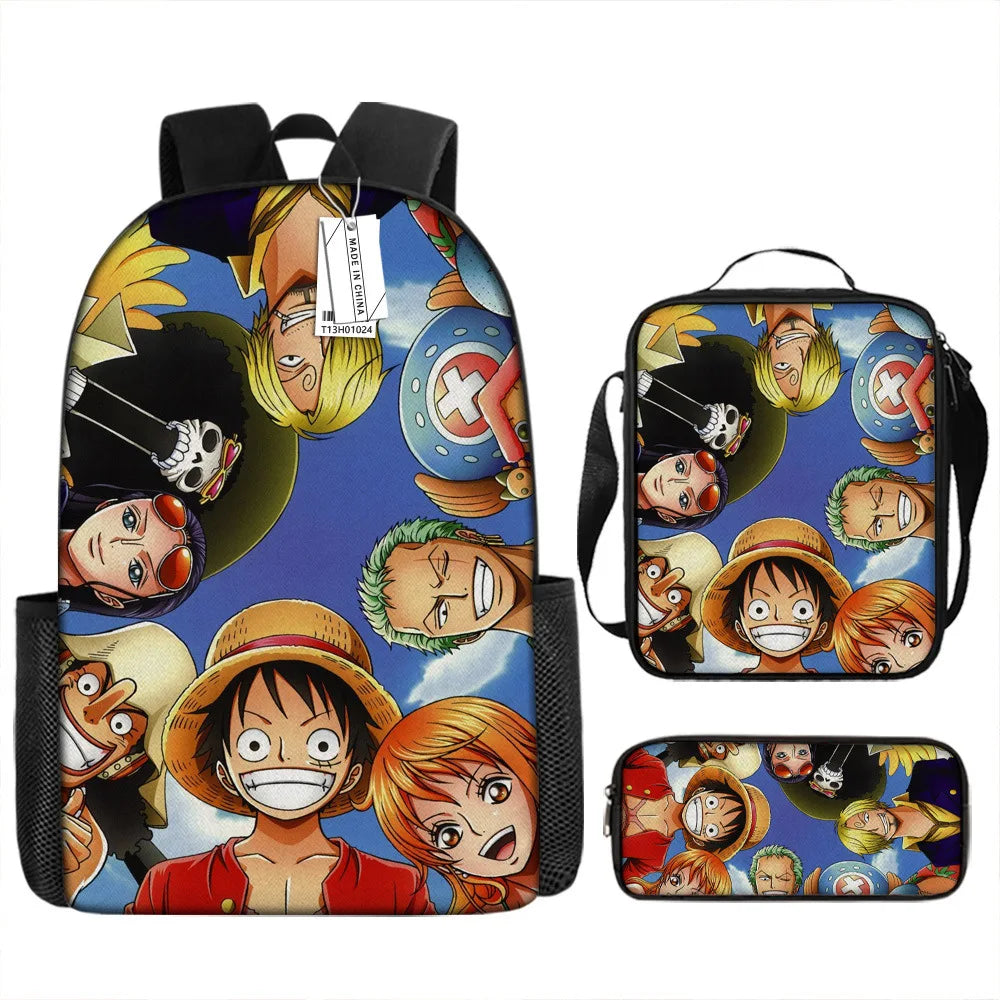 3PC One Piece Luffy School Backpack Set – Rechargeable Anime Bag for Boys & Girls, Student Cartoon Mochila