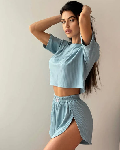 Women's Two-Piece Pajamas Set – Comfortable Sexy Short Sleeve Top and Shorts Homewear