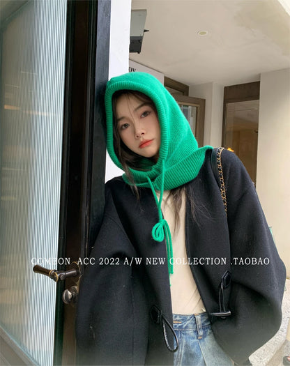 Winter Knitted Hooded Balaclava Hats for Women – Korean Style Outdoor Warmer Beanie with Drawstring Neck Collar