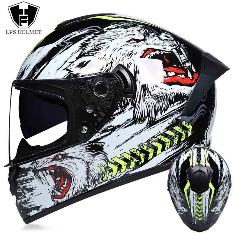 Full-Face Motorcycle Helmet — Winter Warm Double Visor Racing & Sports Motorbike Helmet