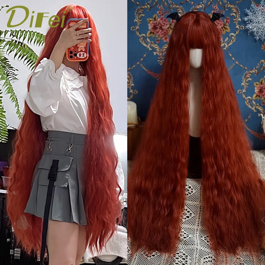 120cm Long Wavy Synthetic Wig - Female Red Brown Lolita Style with Bangs, Natural Hair Look, Heat Resistant Fiber