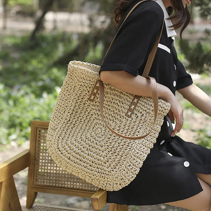 Handmade Woven Straw Beach Bag – Large Capacity Women’s Raffia Shoulder Tote for Summer Travel