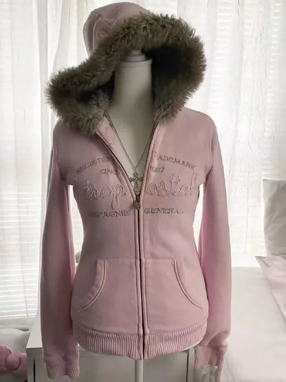 Y2K Vintage Streetwear Men’s Hoodie – Warm Loose Cardigan with Fur Collar & Skull Print Zipper Sweatshirt for Winter