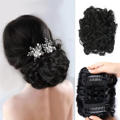 Short Messy Curly Hair Bun Extension – Easy Stretch Combs & Clip-in Ponytail Scrunchie Chignon for Hair Styling