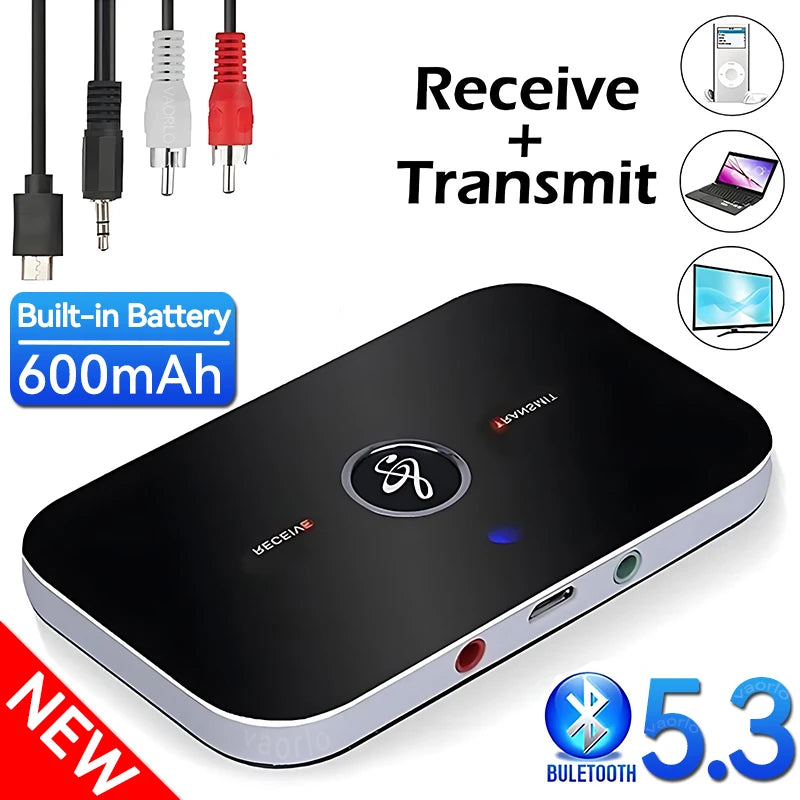 Upgraded Bluetooth 5.3 Audio Transmitter & Receiver – RCA, 3.5mm AUX, USB Wireless Adapter for Car, PC, TV & Headphones