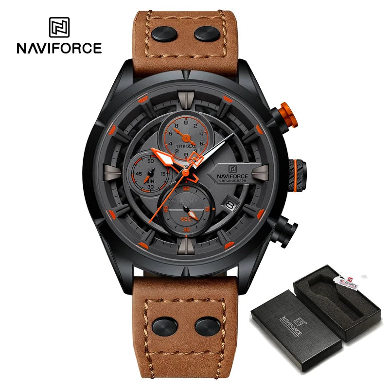 NAVIFORCE Men's Casual Watch – Luxury Waterproof Chronograph Quartz Wristwatch with Genuine Leather Strap