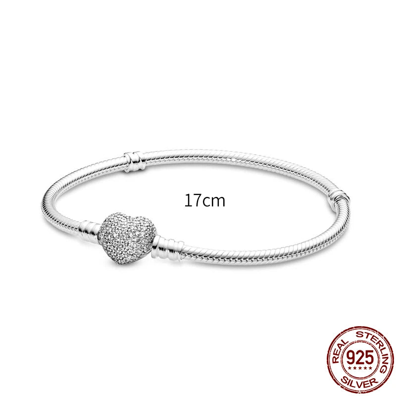 New 925 Sterling Silver Snake Chain Charm Bracelet – Fits Original 925 Pendant Charms & Beads, Heart Bracelet Jewelry for Women