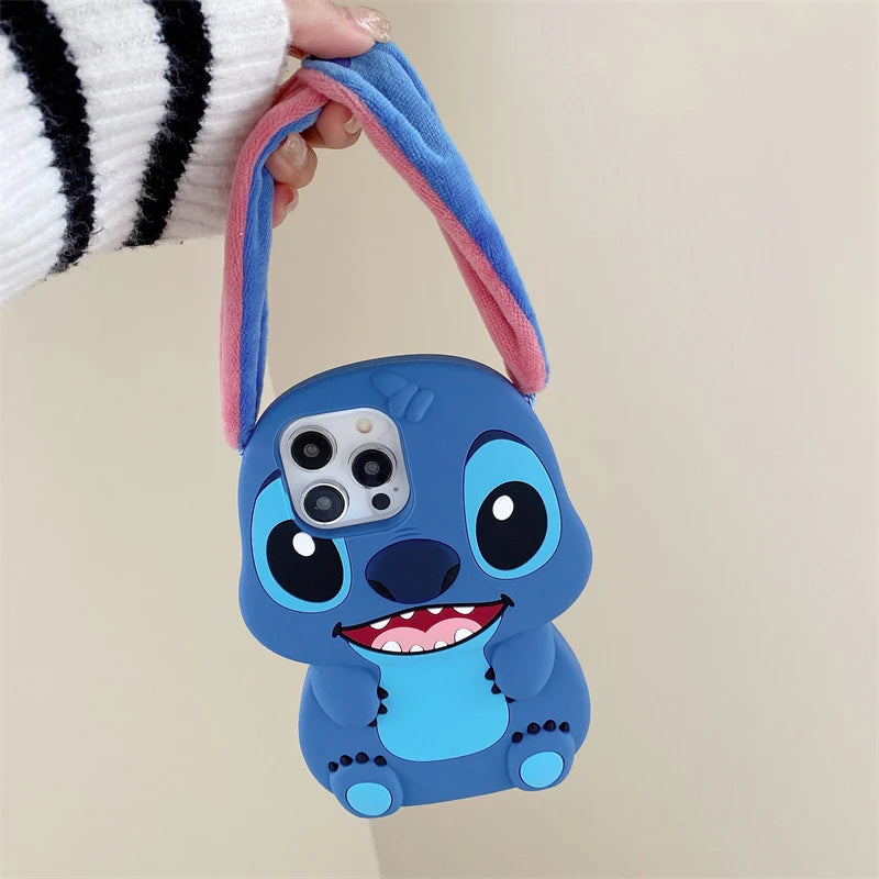 3D Stitch Plush Phone Case — Soft Silicone Cartoon Cover with Ear Strap for iPhone 11-16 Pro Max