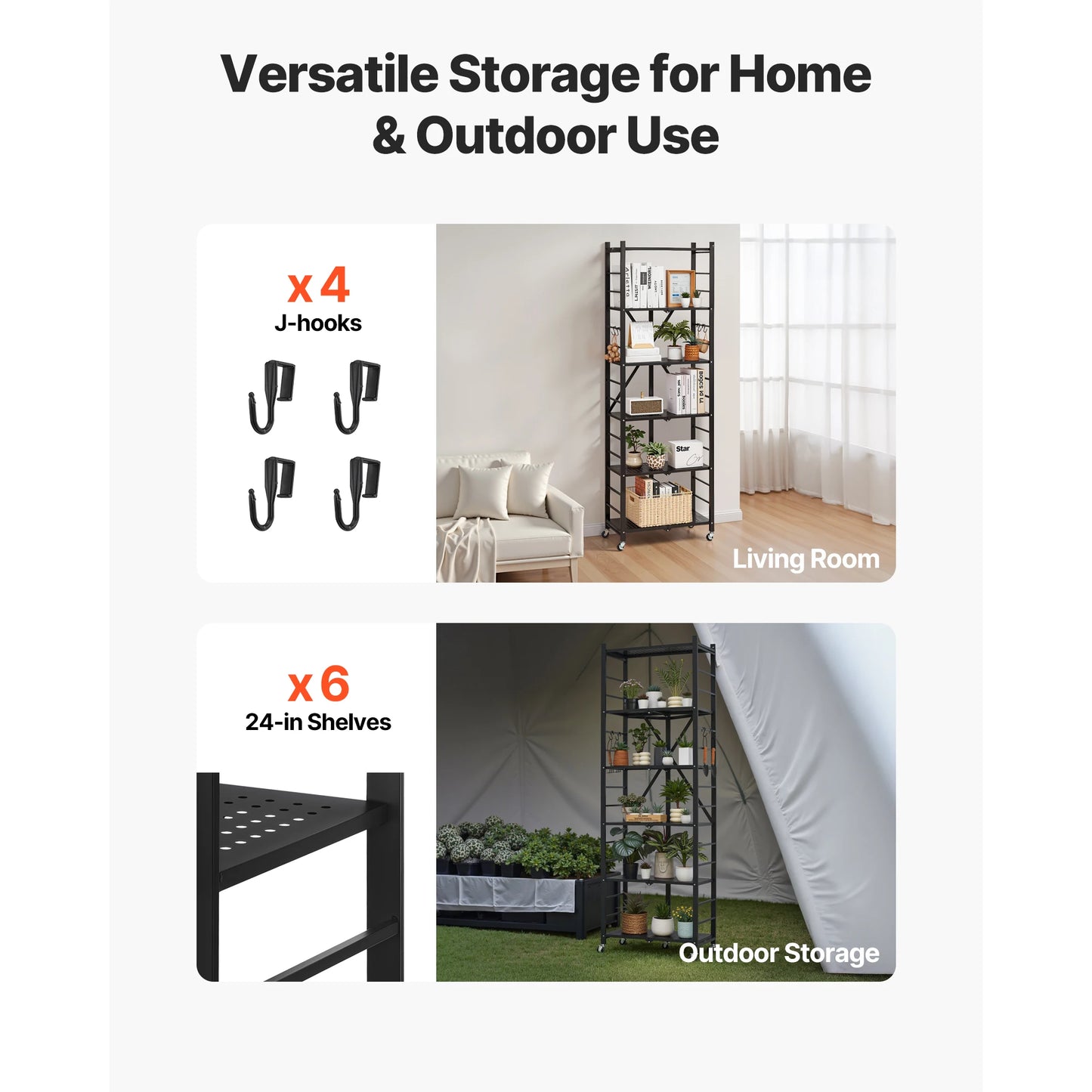 SucceBuy 3-6 Tier Black Foldable Storage Shelf — Wheeled Metal Rack Organizer for Kitchen & Garage